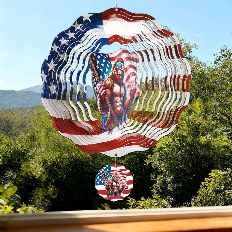 INCOK Big Foot Wind Spinners Outdoor - Bigfoot Gifts for Men, Bigfoot American Flag Wind Chime for Outside, Hanging Metal Wind Sculptures for Garden Indoor Patio Lawn Yard, Veterans Day - Image 2